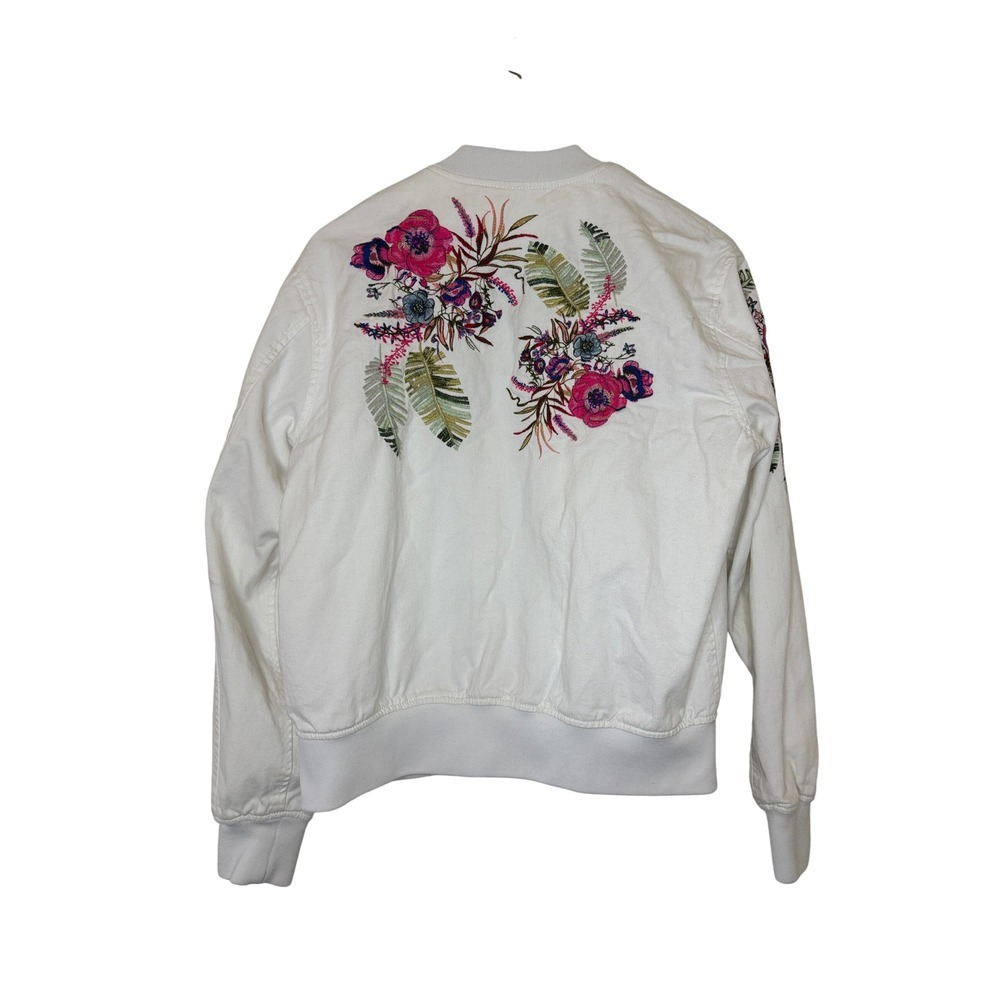 Rachel Roy White Denim Bomber Jacket Floral Embroidered Full Zip Size XL - Picture 6 of 8